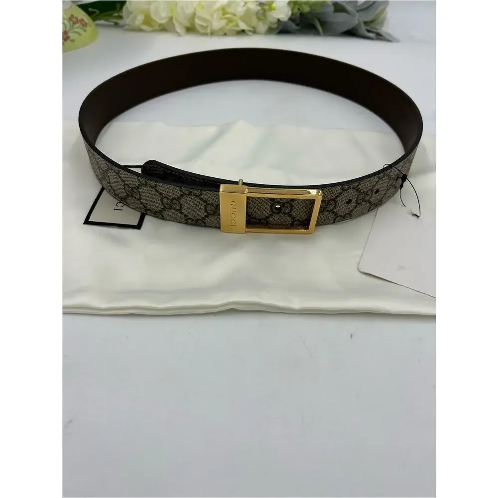 Unisex Gucci Monogram Canvas Belt with Gold engraved Buckle - Beige/Brown 80/32
